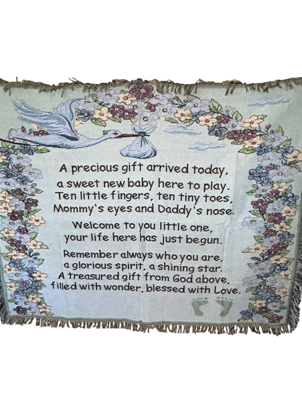 Baby Welcome Stork Wall Hanging Religious Tapestry - Blue Floral
